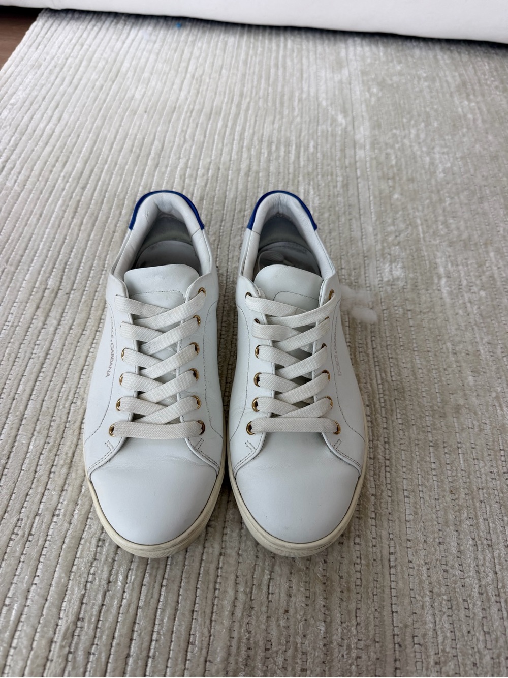 Men's Dolce & Gabbana White Leather Casual Sneakers with Blue Heel Accent